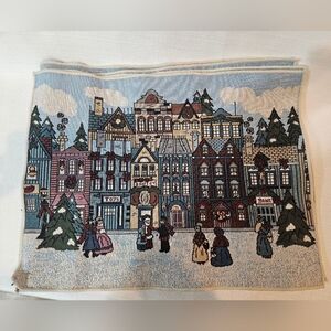 Set of 4 Tapestry Christmas Village Placemats Winter Snow Blue Needlepoint